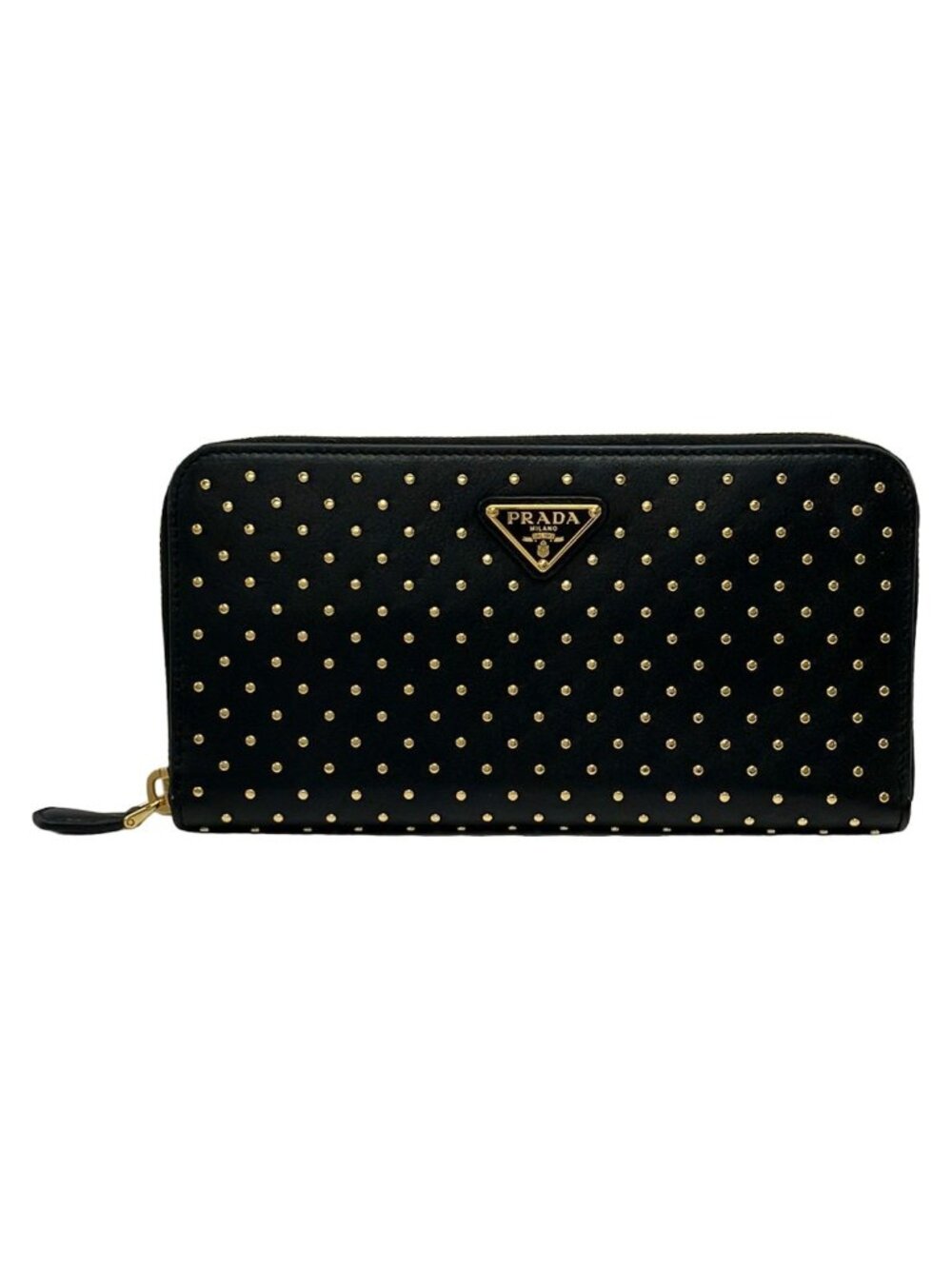 Prada Wallet Black Gold Zip Around Studs Leather